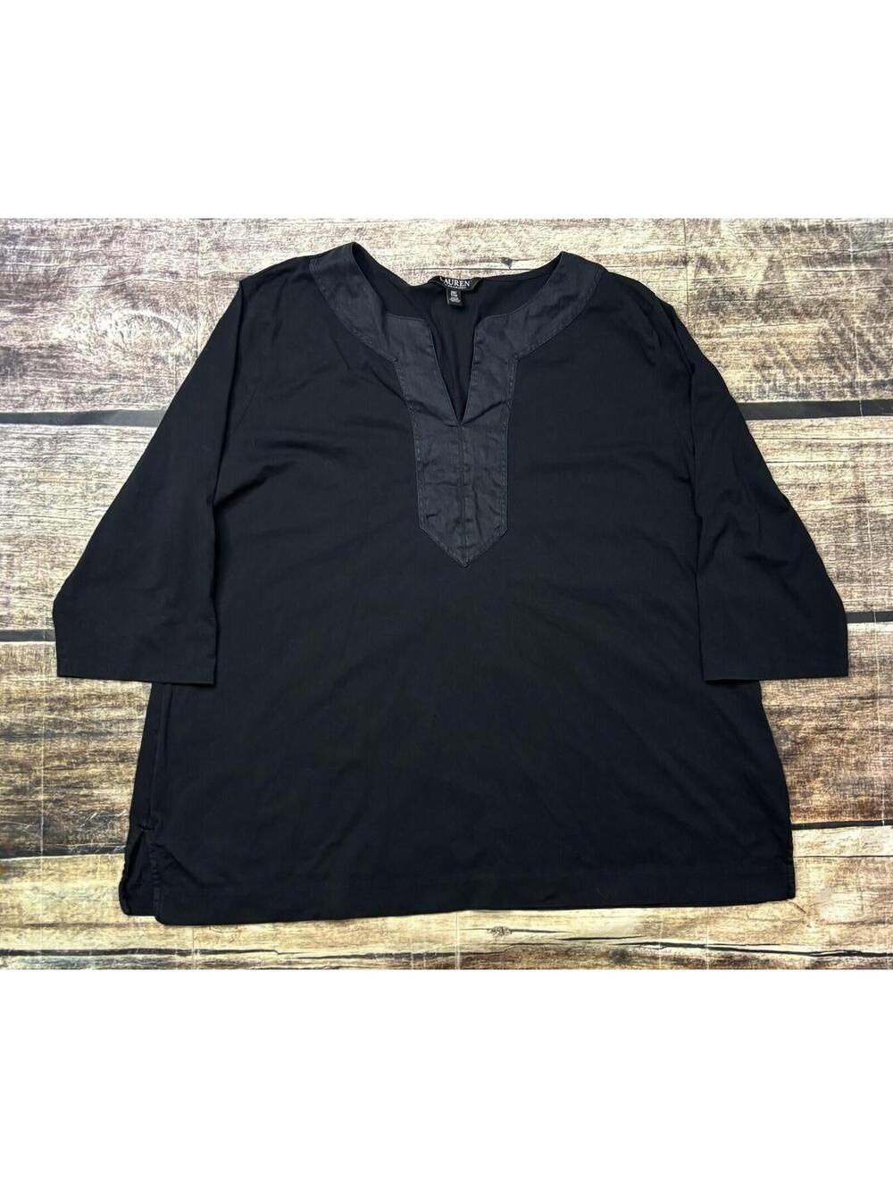 Lauren Ralph Lauren Top Womens 2XL Cotton Split Neck Tunic Black Label Boho
